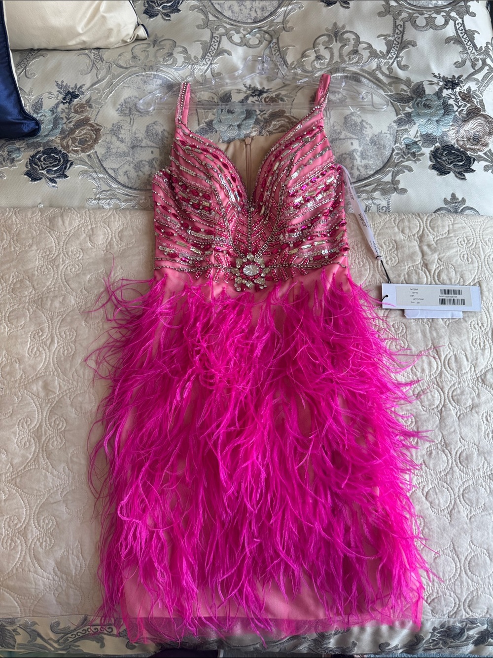 Jovani Hot Pink Feather & Crystal Cocktail Dress